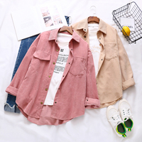 Nowych kobiet jednolita, sztruksowa rękaw w kształcie skrzydła nietoperza bluzka Vintage skręcić w dół kołnierz luźny Top zapinana różowa koszula Feminina Blusa T9D609T 5